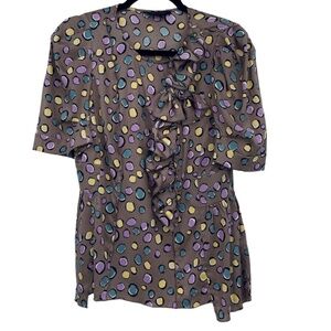 BCBGMaxazria Multicolor Silk Blouse Ruffle Bow Polkadot Size Medium